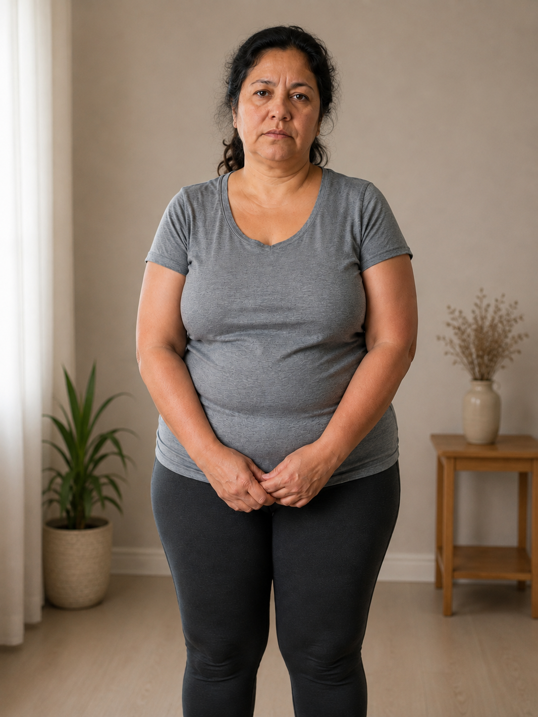 Mujer de 50+ sentada en el sofá con expresión desanimada