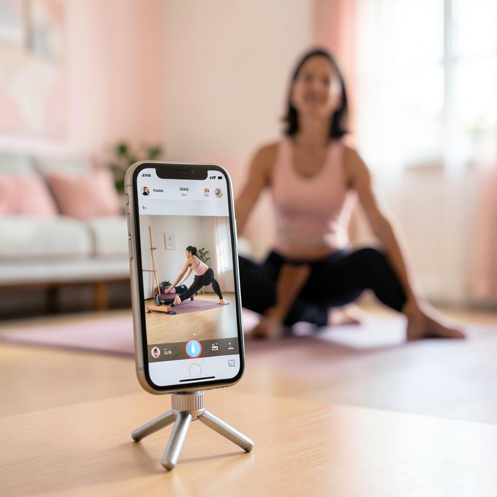 Celular mostrando una clase de Pilates mientras la mujer entrena al fondo