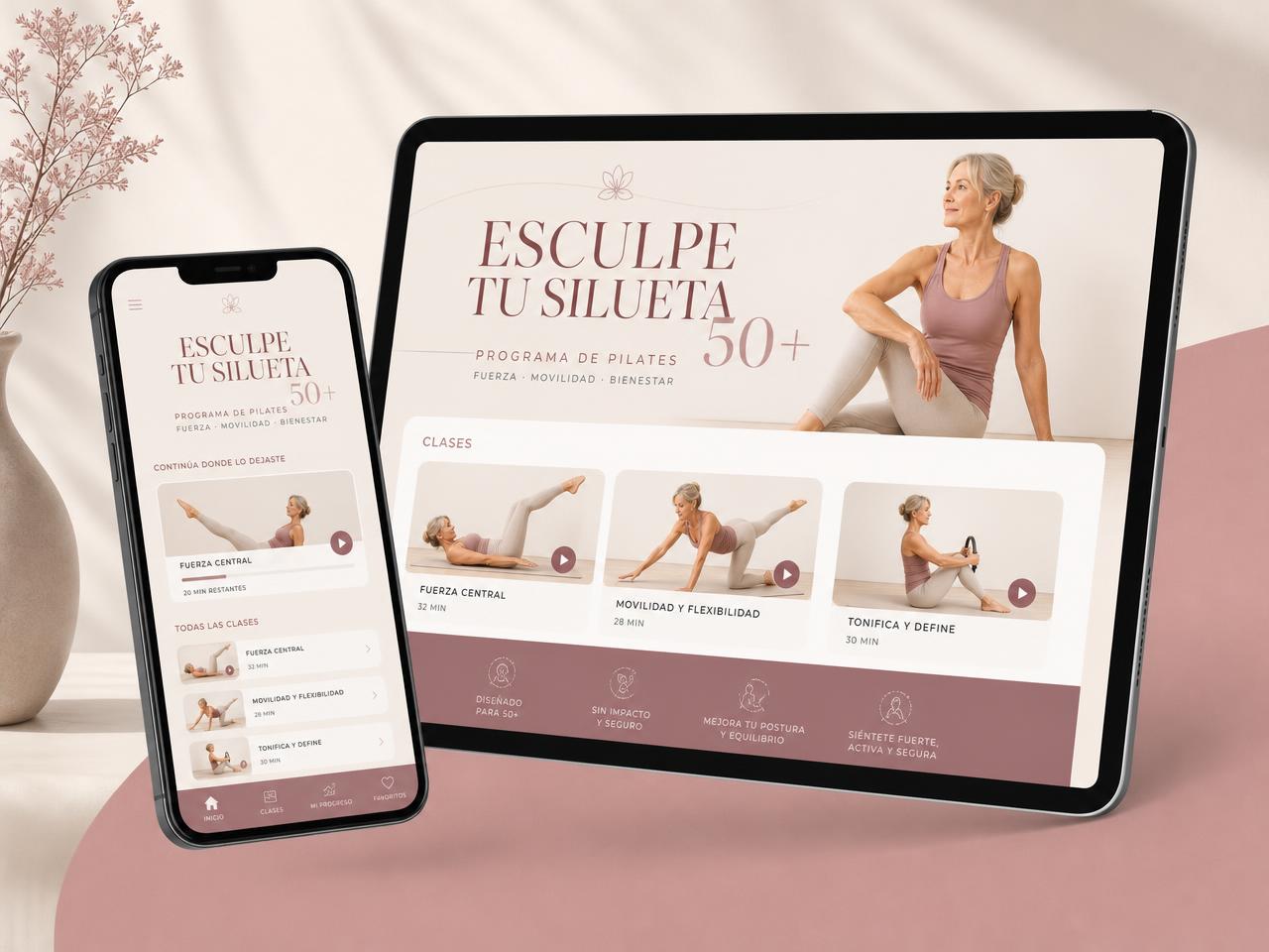 Programa Esculpe Tu Silueta 50+ mostrado en celular y tablet